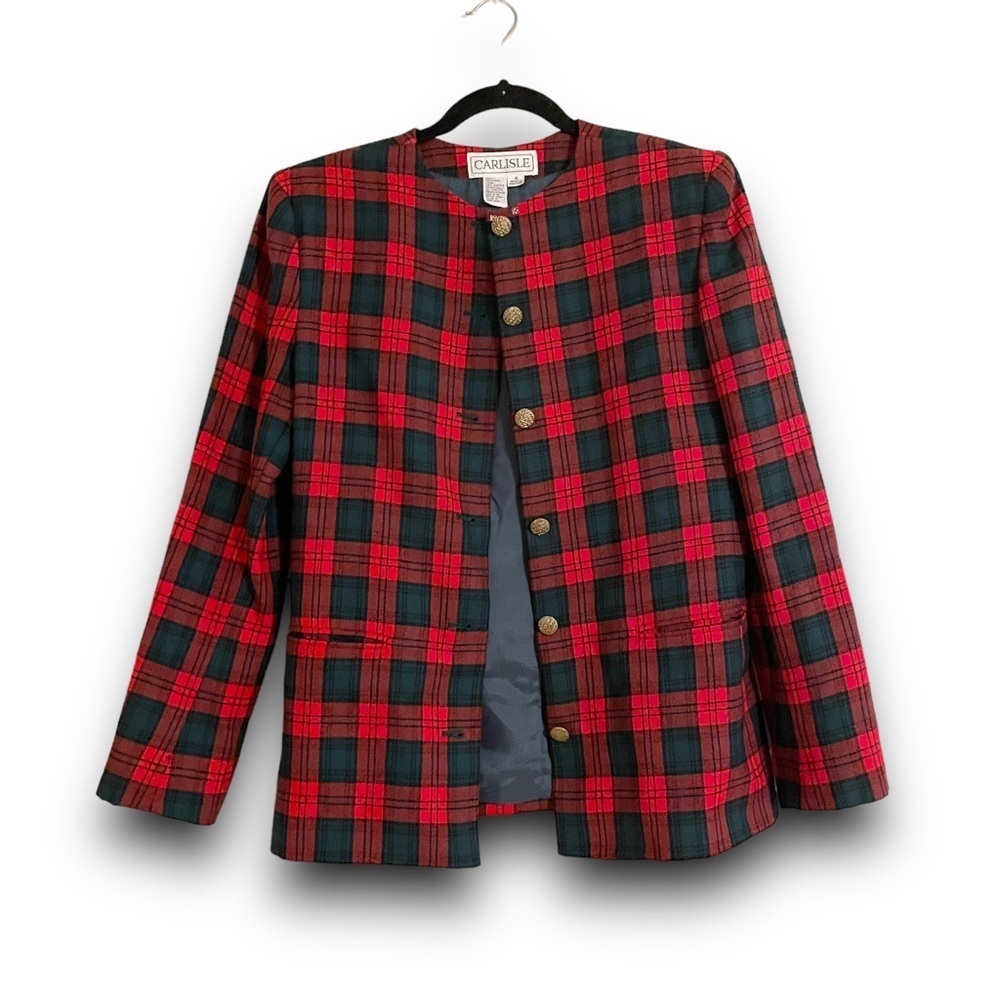 VINTAGE Carlisle Red Green Classic Plaid Tartan Button Front Blazer Women’s 6